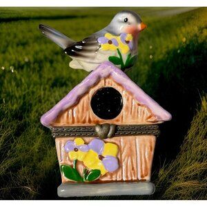 Bird Purple Birdhouse Floral Trinket Box with a White Bird Figurine 2"